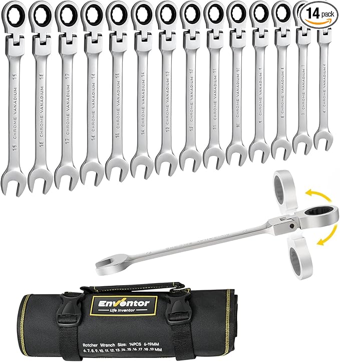 Enventor 14 Pieces Ratcheting Wrench Set, Metric 6-19mm, 180° Flex Head, CR-V Steel, 72-Teeth, 12-Point Combination Ratchet Wrenches Set with Rolling Pouch | 72-tooth Ratchet, 5° Swing Arc, 12-point Box Ends, CR-V Steel, Slim Profile, Roll-up pouch