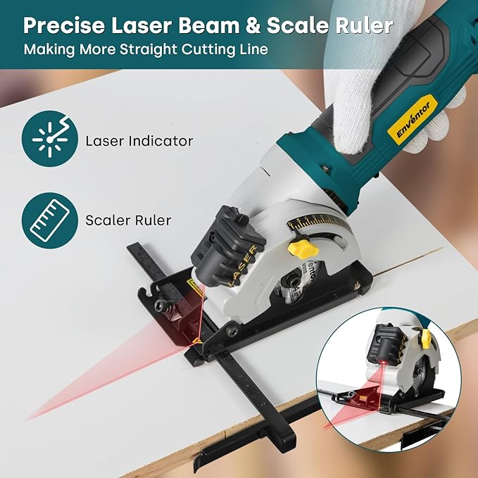 Enventor 4.8A Mini Circular Saw Corded with Laser Guide, 3 Saw Blades | 3-3/8" Power Electric Circular Saw Compact for Wood, Soft Metal, Tile, Plastic, Max Cutting Depth 1-1/16"