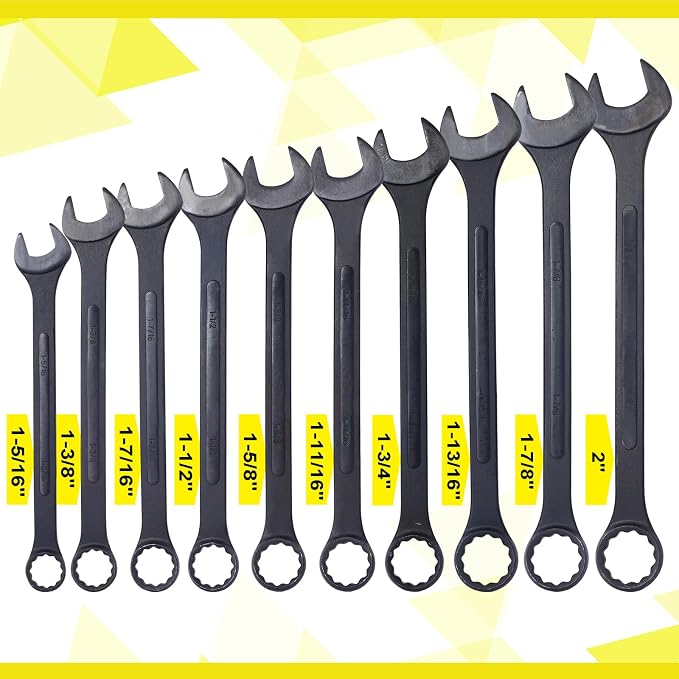 10-piece Jumbo Wrench Set, 1-5/16'' to 2'' Large Combination Wrench Set, SAE, Black Oxide Finish with Pouch | 1-5/16", 1-3/8", 1-7/16", 1-1/2", 1-5/8", 1-11/16", 1-3/4", 1-13/16", 1-7/8" and 2", Extra Large Wrench with Pouch (10PC-SAE)