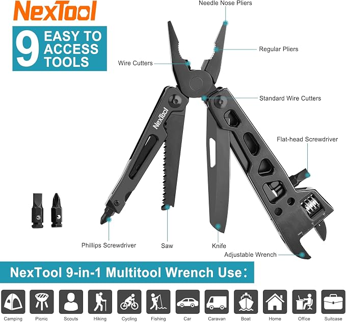 NexTool W3 Adjustable Wrench Multitool, 9-in-1 Folding Pliers