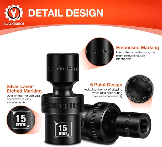 BLACKROBOT 1/2" Drive Swivel Socket Set, 10 Pieces Shallow Universal Impact Socket Set, Metric(10-19mm) Flexible Wobble Socket Set, 6 Point, CR-MO
