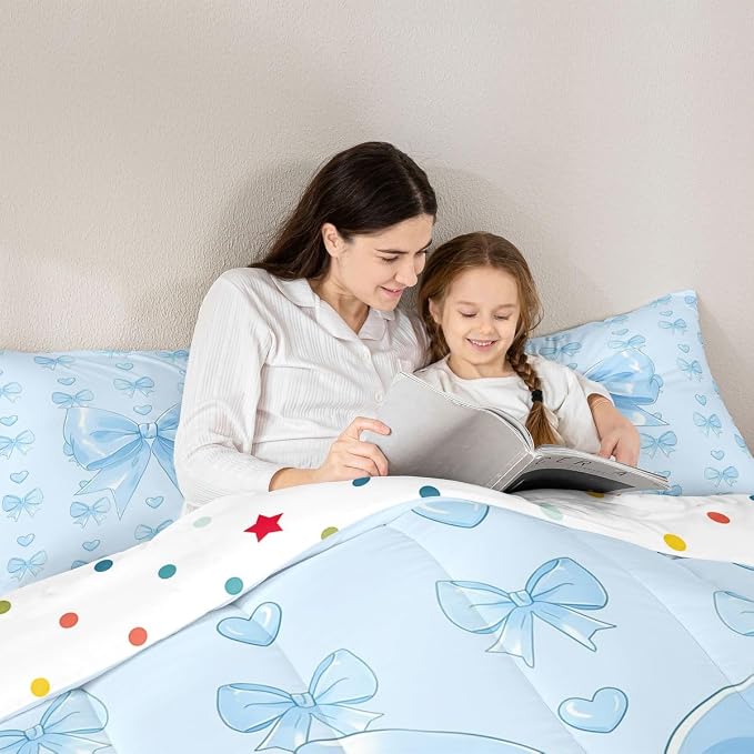 Feelyou Cute Blue Bow Bedding Set Soft for Boys Girls, Love Hearts Bowknot Comforter Set Queen Size Girly Bow Tie Duvet Quilt Microfiber Bedroom Decor 3 Pcs with 2 Pillow Cases