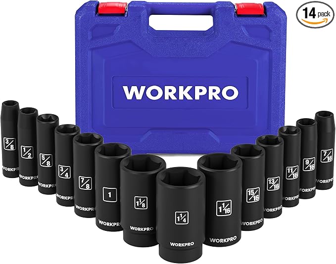 WORKPRO 14-Piece 1/2＂ Drive Deep Impact Socket Set, SAE | 6-Point Impact Deep Socket Set, Heavy Duty Storage Case, for Automotive, Mechanical Repairs, 3/8"-1-1/4", Cr-V Steel
