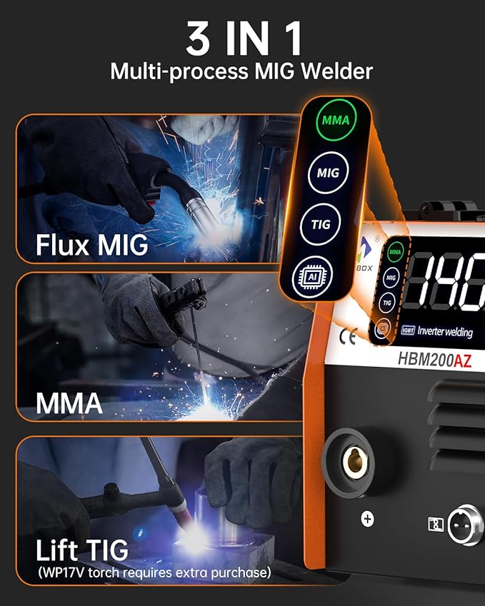 HITBOX 140A Mig Welder Machine 110v 3 in 1 Flux Core Welding/Lift TIG/Stick Gasless Wire Maquina de Soldar Upgraded Handheld Welder Gun Welding Kit High-End Chip with IGBT Inverter LED Display