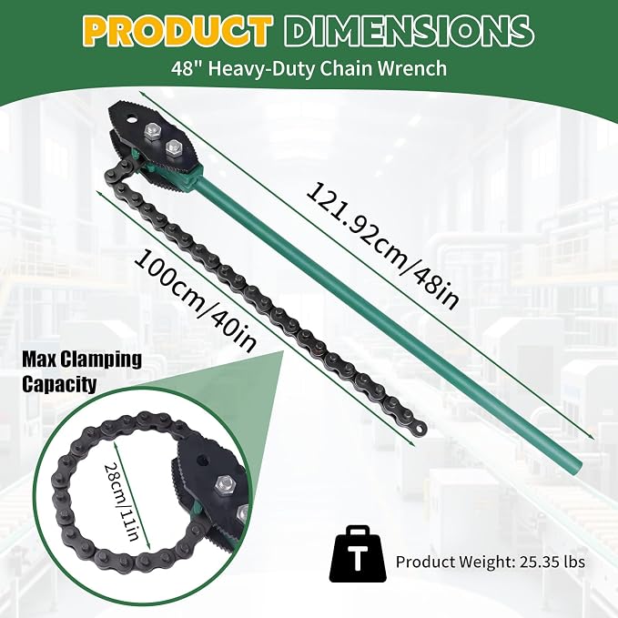 Chain Pipe Wrench, 48" Strap Wrench with 40" Chain Length Max, Fits 3.15"-11" Pipe Diameters, Heavy Duty Chain Tongs for Pipe Installation, Oil Fields Operations and Maintenance (Green)