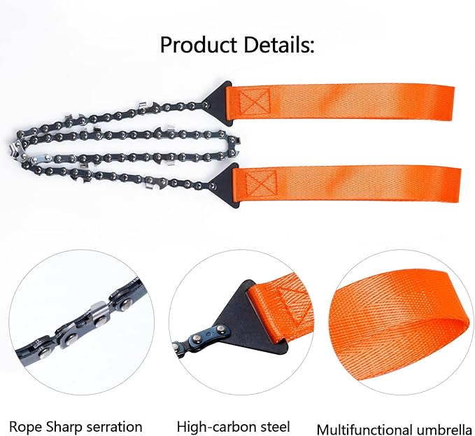 Sucrain Pocket Chainsaw with Paracord Handle, Folding Chain Hand Saw, Emergency Outdoor Survival Gear for Camping, Hunting, Hiking, Cutting Wood & Tree (Orange, 11 Teeth, 24'' Long)