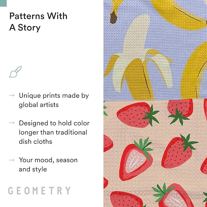 GEOMETRY Kitchen Dish Cloths - Spring & Summer Collection - Premium Dishcloths with Geoweave - Absorbent & Fast Drying Kitchen Towels - Strawberry Banana, 10" x 10" - 3-Pieces