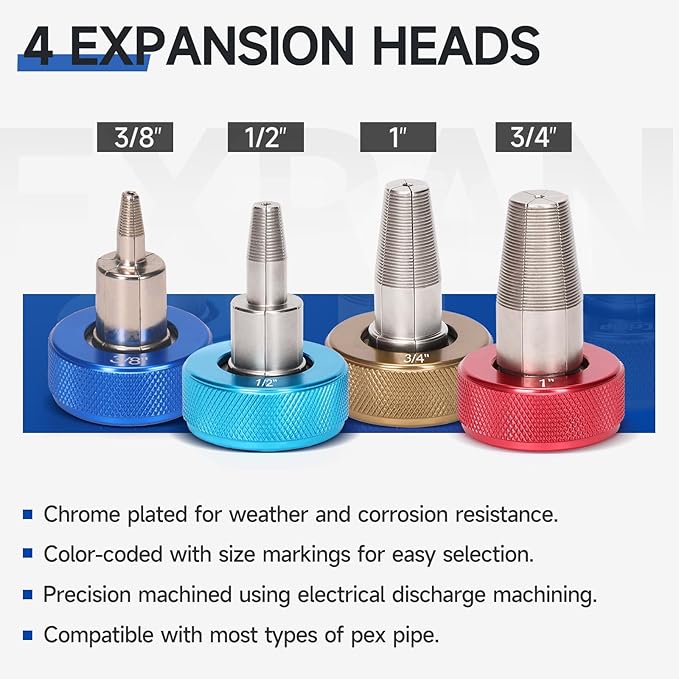 iCrimp PEX Expansion Tool Kit for F1960 / ProPEX Systems, Indexed Auto-Rotating Heads with Ring Removal Tool, 3/8", 1/2", 3/4" & 1" Manual Expander Kit
