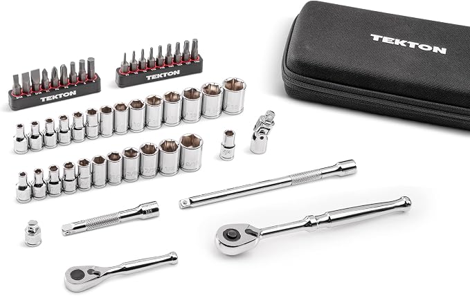TEKTON 1/4 Inch Drive 6-Point Small Engine Socket Set, 50-Piece | SKT07902 | (5/32 - 9/16 in., 4 - 15 mm, Phillips #1 - 3, Slotted 3/16 - 5/16 in., T7 - T30), Shallow, Zipper Case, Custom Foam
