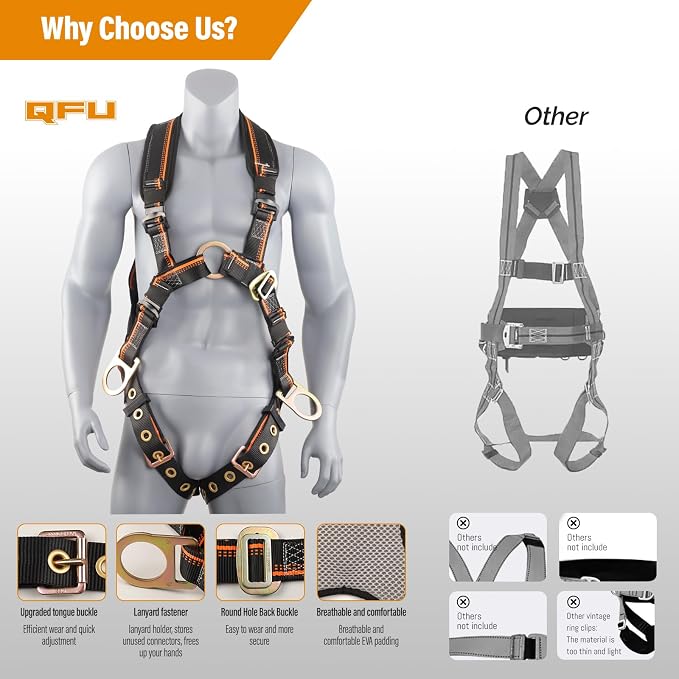 Full Body Safety Harness & Fall Protection Kit with Padded Straps, ANSI Compliant, Includes Shock-Absorbing Lanyard for Roofing, Construction and Industrial Use