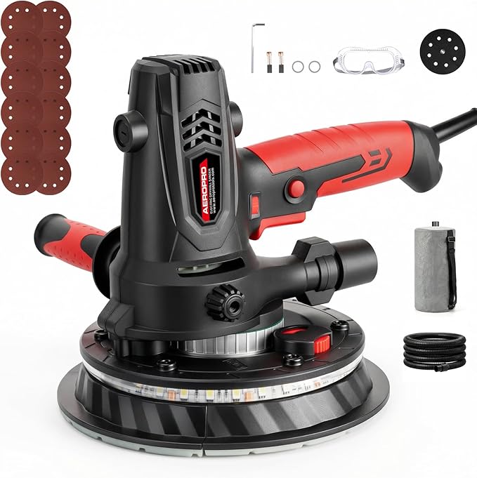 AEROPRO Tools Electric Drywall Sander 800W with Vacuum Dust Collection, Popcorn Ceiling Remover, 1200-2300RPM, Soft Start, LED Light, Auxiliary Handle, 12 Sanding Discs & 1 Polishing Pad