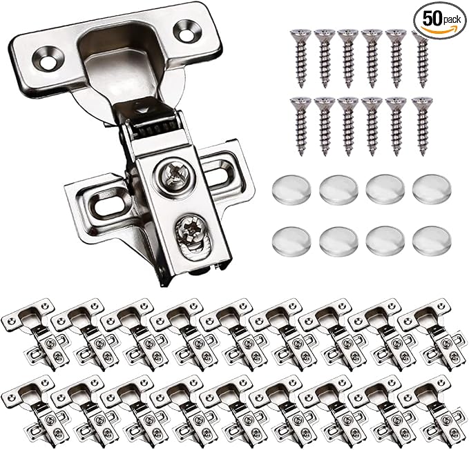 50 Pack Soft Close Cabinet Door Hinges for 1/2" Partial Overlay Cupboard, 100 Degree Opening Angel, Stainless Concealed Kitchen Cabinet Hinges with Mounting Screws and Manual