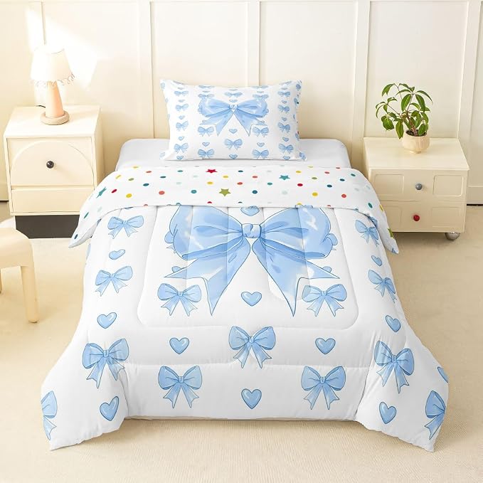 Feelyou Cute Blue Bowknot Kids Comforter Set Twin Size Love Hearts Bow Bedding Set Girly Bow Duvet Quilt for Kids Boys Girls Bedroom Decor Microfiber Ultra Soft Breathable