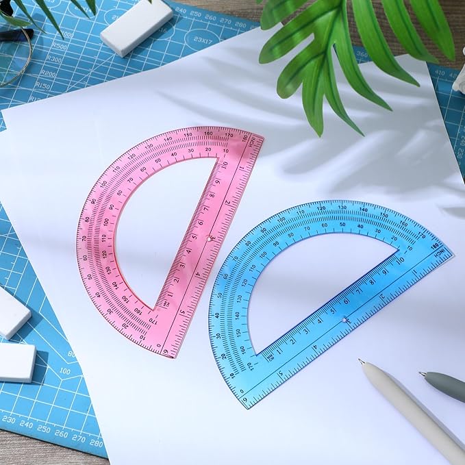 EBOOT Plastic Protractor Math Protractors 180 Degrees, 6 Inch, Pack of 2 (Pink, Blue)