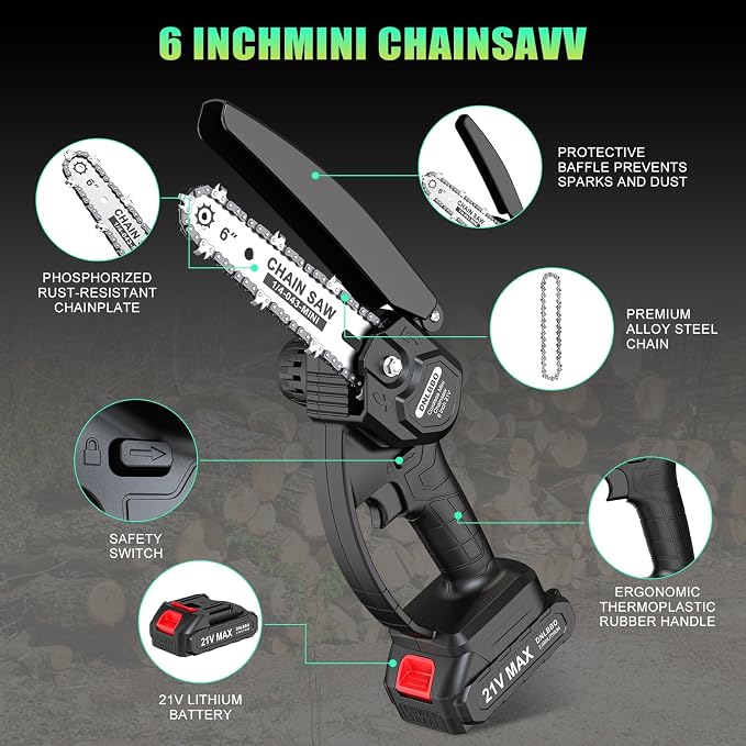Mini Chainsaw - 6 Inch Battery Chainsaw with 2 Batteries, Garden Tools for Tree Branch Trimming, Wood Cutting, Holiday Gifts for Men, Fathers & Gardening Enthusiasts