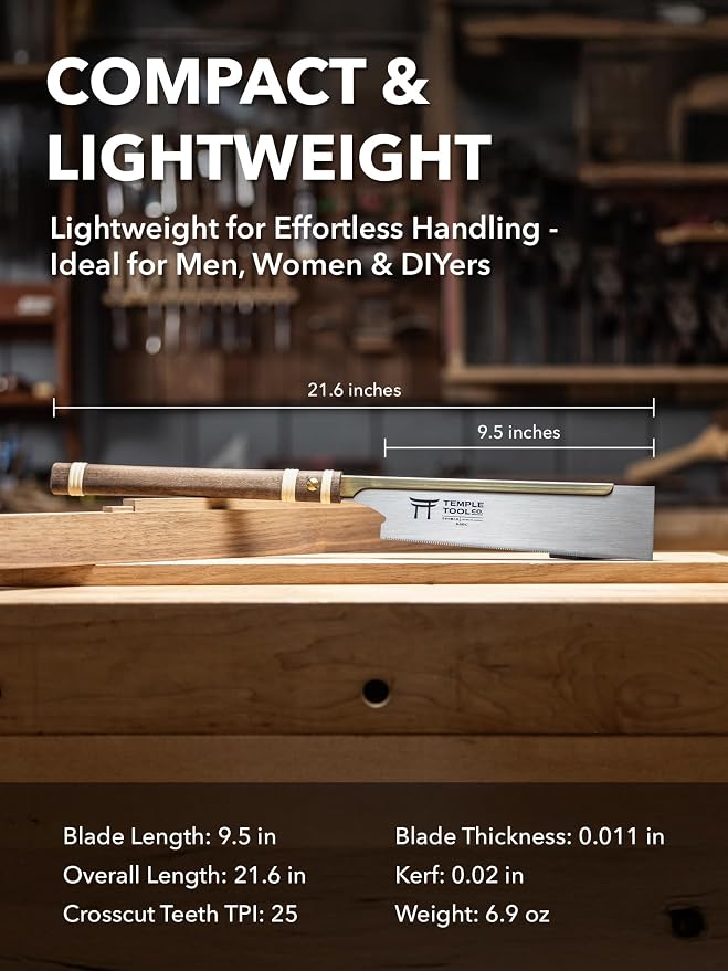 Temple Tool Co. Japanese Pull Saw - Crosscut 9.5 - Hand Saw for Joinery Crosscuts, Kumiko, Tenon Shoulders