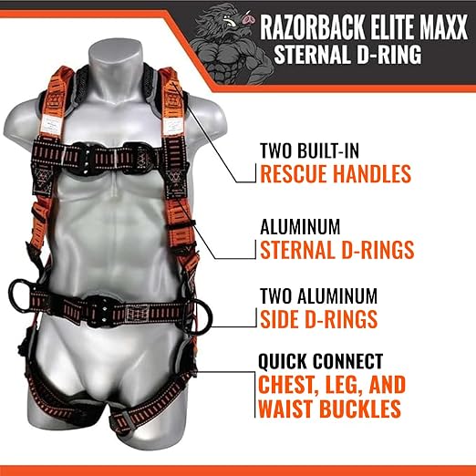 Razorback Elite MAXX - Safety Harness and Fall Protection Kit with Sewn in Lumbar Support Belt and Built-in Rescue Handles for Fall Arrest, OSHA & ANSI Compliant (XXLarge)