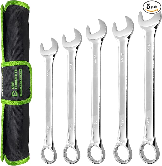 Der Erwachte 5Pc Metric Wrench Set, Large wrench set | 23mm,24mm,26mm,27mm,30mm, long big open end combination wrenches, roll-up storage pouch