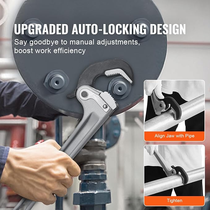 VEVOR Pipe Wrench, 14" Aluminum Straight Pipe Wrench, Automatic Jaw Adjustment, Adjustable Plumbing Wrench, Easy to Carry, Ergonomic Handle, Hangable Design, for Water Pipes, Automotive Repairs