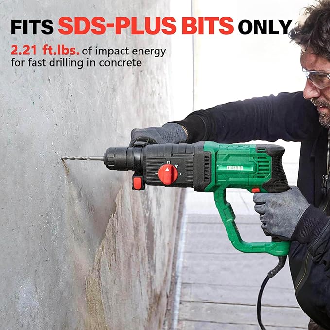 1" SDS Plus Lightweight Rotary Hammer Drill with 1/2" Keyless Chuck Adapter, 9 Amp 4 Functions Corded Variable Speed Rotomartillo with Safety Clutch for drilling in Concrete Masonry Wood Metal