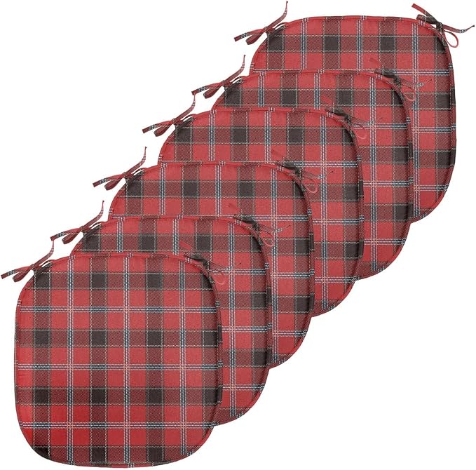 Lunarable Buffalo Plaid Chair Seating Cushion Set of 6, Arrangement with Lumberjack Themes Geometric Concept Pattern Print, Anti-Slip Seat Padding for Kitchen & Patio, 16"x16", Vermilion and Grey