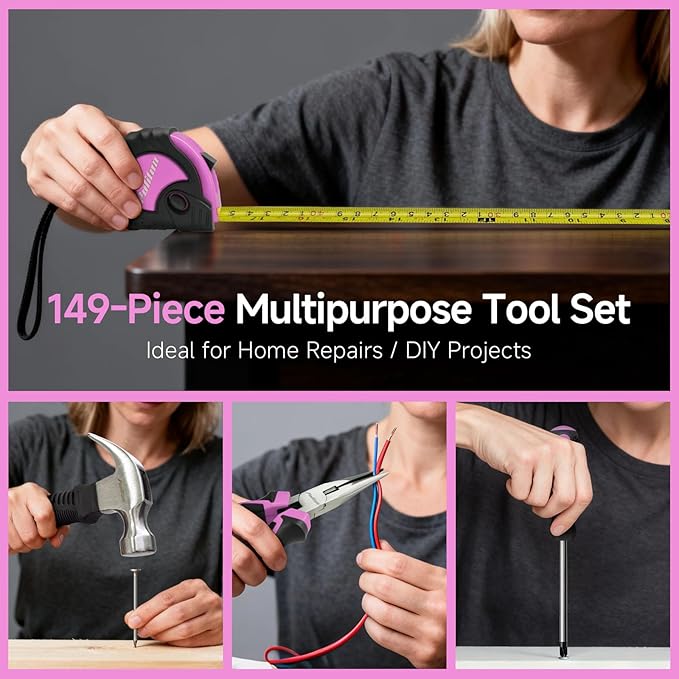 PULITUO Drill Set, 149-Piece Home Tool Set with 12V Pink Cordless Drill, ToolBox, Hand Tool Kits for Women Men, DIY Enthusiasts for Home Improvement.