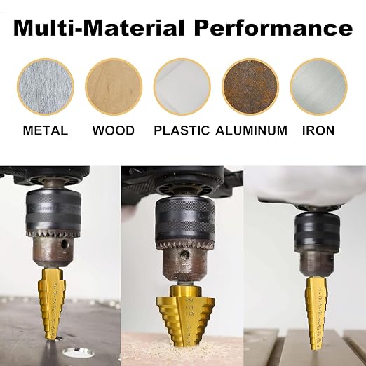 Step Drill Bit Set for Metal- 5PCS Titanium 4241 HSS Step Bit with Two Straight Flutes, 50 Sizes from 1/16" to 1-3/8" for Aluminum, Wood & Plastic, Unibit for Electricians & DIY