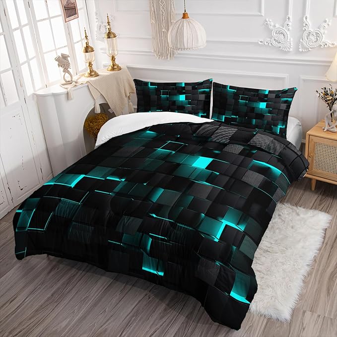 Geometric Turquoise Black Comforter Set,Light Honeycomb 3 Piece Bedding Set Full Size for Teen Boys,Modern Quilt Set Geometry Decor,Microfiber Lightweight 1 Comforter 2 Pillowcases All Season