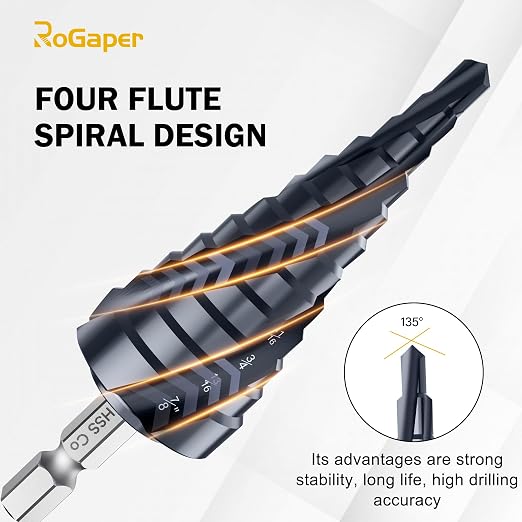 M35 Four Spiral Flute Cobalt Step Drill Bit, 3/16"-7/8" Wear-Resistant TiAlN Coated Four-Flute Step Bit, 1/4" Hex Shank Unibit Step Bit for Metal, Stainless Steel, Aluminum, Wood, Plastic