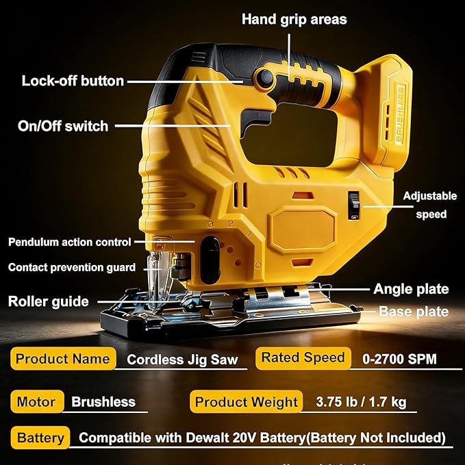 Cordless Jig Saw Compatible with Dewalt 20V Battery, Brushless Jig Saw with 6pcs Blades, 4 Orbital Sets for Wood, Plastic and Metal Cutting (Tool Only, No Battery)
