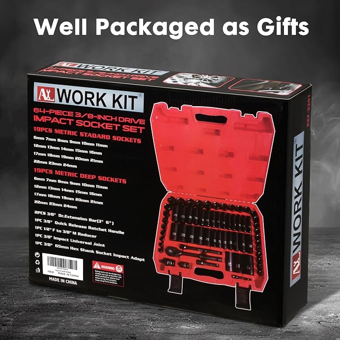 3/8" Drive Impact Socket Set 64-Piece, Deep & Shallow SAE (5/16"-1") & Metric (6-24mm), with 3/8-Inch Ratchet Handle, 6 Points,Cr-V, Extension Bars, Universal Joint, Gift for Men