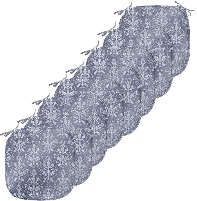 Lunarable Damask Chair Seating Cushion Set of 8, Medieval Repetitive Pattern with Flourish Ornaments, Anti-Slip Seat Padding for Kitchen & Patio, 16"x16", Purpleblue Ceil Blue