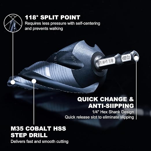 GRENPRO Four Spiral Flute Cobalt Step Drill Bit,1/4"-1-1/8"Impact Unibit Pro Max Step Bit Set,1/4" Hex Shank M35 for Metal Carbon Steel, Stainless Steel, Wood, Plastic