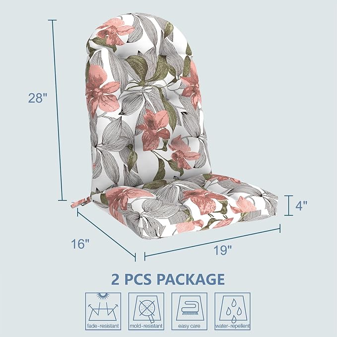 LVTXIII Outdoor Adirondack Chair Cushions, 44x19x4 Inch Non-Slip High Back Rocking Chair Cushion, Tufted Seat Cushion for Patio Furniture, Set of 2, Clemens Noir Pink
