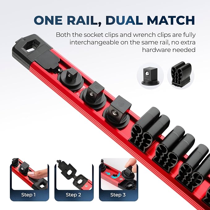 Reniteco 6-Piece Magnetic Socket Organizer and Screwdriver Organizer Set | 3-Piece 1/4", 3/8" & 1/2" Drive Socket Rails, 3-Piece Wrench Screwdriver Holder, Interchangeable Clips, Aluminum Alloy Rail