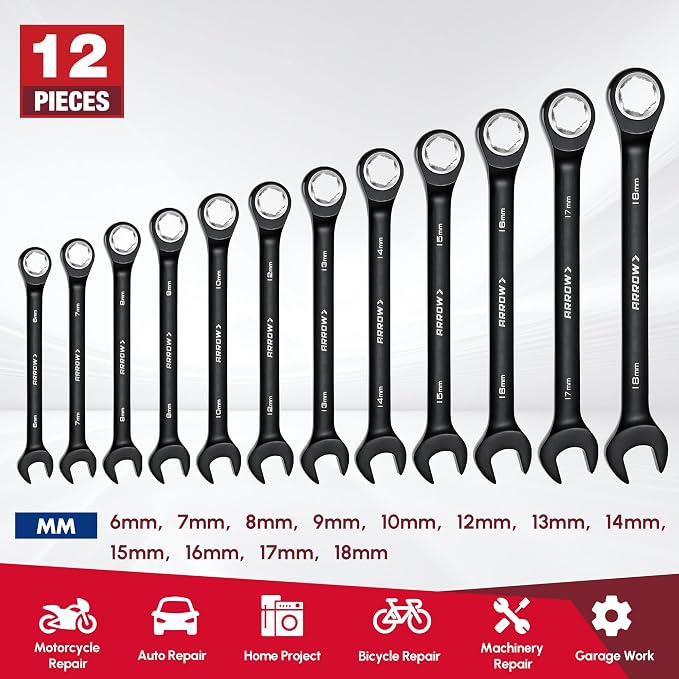 ARROW 12PCS Metric Ratcheting Wrench Set with Black Magnetic Tool Holder | Anti-Slip 6-18mm Combination Ratchet Wrench Set, Premium CRV Material, 72-Teeth, Corrosion-Resistant, Easy to Carry & Store