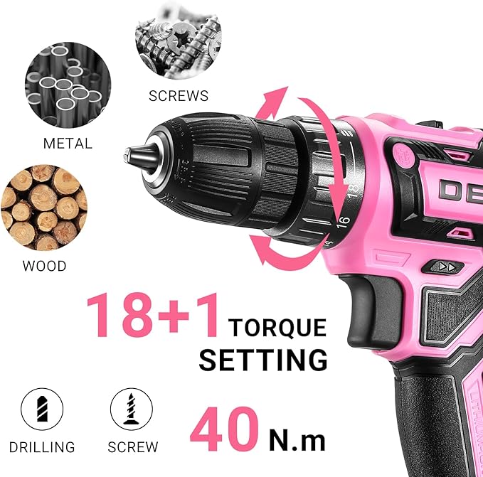 Power Drill Cordless: DEKOPRO Pink Cordless Drill 20V Electric Power Drill Set Tool for Women Drills with Battery and Charger 20 Volt Drills Driver Kit