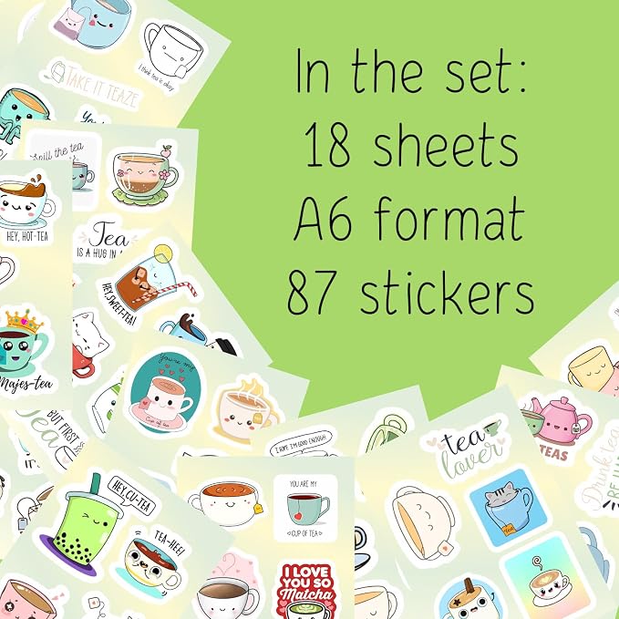 BulbaCraft Cute Tea Cup Stickers, Tea Stickers for Water Bottle and Laptop - Tea Cup Party Supplies & Decorations, Waterproof Vinyl Drink Decals, Gifts for Women & Men