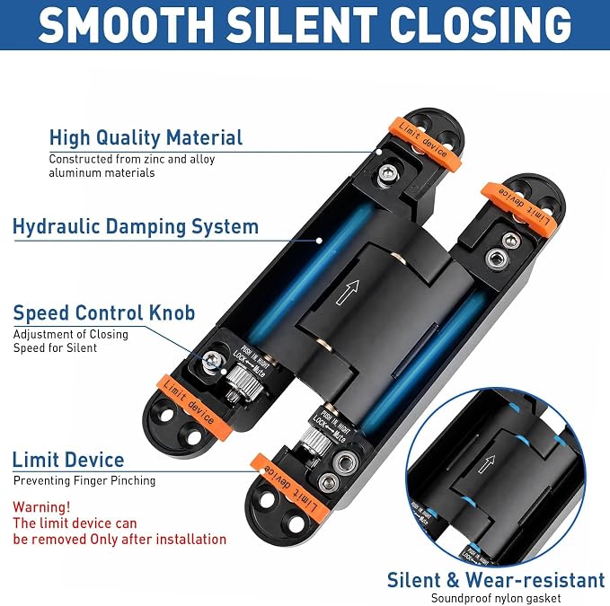 TamBee 7-Inch Heavy-Duty Self-Closing Hidden Door Hinge, Adjustable Invisible Hinge with Speed Control, Automatic Soft Close 180° Swing for Secret & Interior Doors, Support (Black, 7Inch Self Closing)