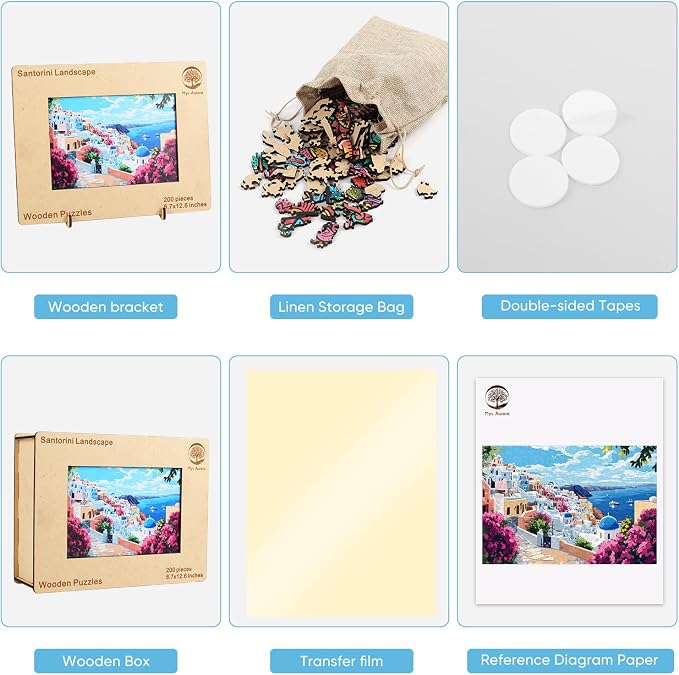 Mys Aurora Scenery Puzzles for Adults, Santorini Wooden Puzzles, 200 Pieces Unique Shaped Jigsaw Puzzle Birthday Gift Challenging Family Game for Kids and Adults 12.6 * 8.6 inch