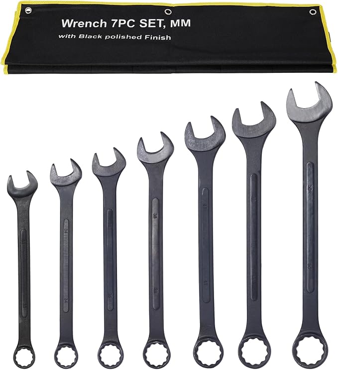 7PC Jumbo Combination Wrench Set, Metric, 33, 34, 36, 38, 41, 46, 50mm | 7PC Jumbo Combination Wrench Set, Metric, Extra Large Combination Wrench Sets, Black Oxide Finish with Pouch (7PC-Metric)