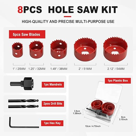 KATA 8PCS Hole Saw Kit 1" to 2-1/8"(25-54mm) Hole Saw Set in Case with 1PC Mandrels, 2PC Drill Bits and 1PC Hex Key for Soft Wood, PVC Board, Plywood, Red