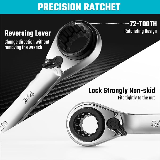 DURATECH 4-in-1 Reversible Ratcheting Box Wrench Set, SAE, 2-Piece | Double Box End, 5/16, 3/8, 7/16, 1/2-INCH & 9/16, 5/8, 11/16, 3/4-INCH, CR-V Steel, Matte Chrome Plated, Rolling Pouch