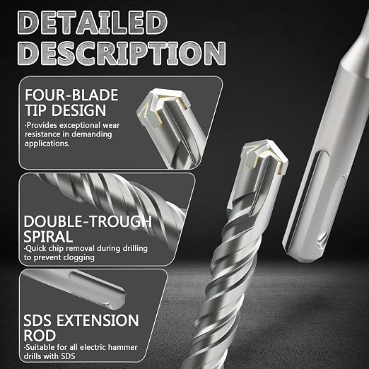 SDS Plus Rotary Hammer Drill Bits, (3/8"*24"-9.5mm*610mm) - 4 Carbide Cutting Edges, Ideal for Masonry| Heavy-Duty Masonry |Hammer Drill Bits for Precision Drilling