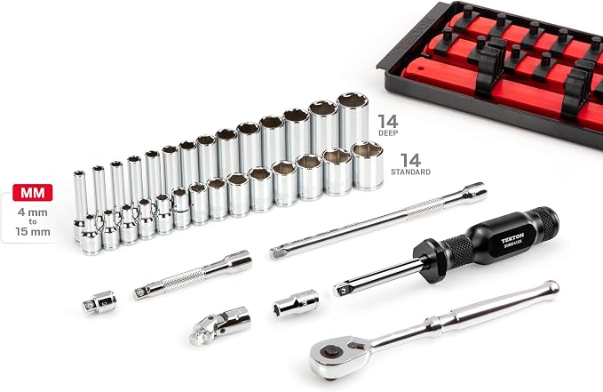 TEKTON 1/4 Inch Drive 6-Point Socket and Ratchet Set with Rails and Tray, 35-Piece (4-15 mm) | SKT03201