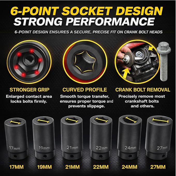 1/2’’ Drive Weighted Crank Bolt Socket Set, 17MM, 19MM, 21MM, 22MM, 24MM, 27MM, Harmonic Balancer Socket Set, Weighted Metric Deep Impack Socket Kit, 3 Times Momentum Power of Standard Impact Socket