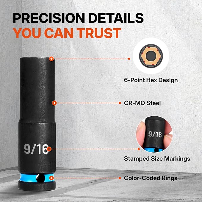 BLACK CANYON 12-Piece 1/2" Drive Deep Impact Socket Set, SAE 6-Point Sockets, Cr-Mo Impact Grade Steel, Heavy-Duty Storage Case for Automotive, Truck & Equipment Repair