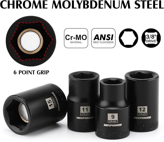 MIXPOWER 3/8" Drive Shallow Magnetic Impact Socket Set with Storage Rails, 13-Piece, 6 Point, 7-19mm, Metric, CR-MO