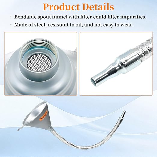 27.56" Steel Bendable Spout Funnel with Filter for All Automotive Oils, Metal Flexible Long Funnels for Automotive Use for Transmission Fluid, Diesel Fuel, and Other Liquids