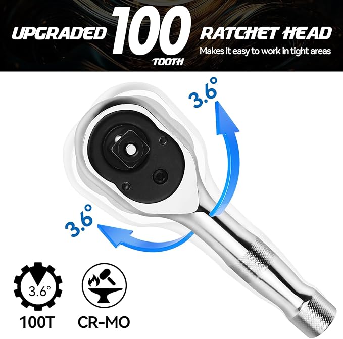DISEN 3-Piece Stubby Ratchet Set – 1/4", 3/8", 1/2" Drive | 100-Tooth Ratchet with EVA Storage Tray | Quick Release Button | Non-Slip Grip | Reversible 3.6° Design for Tight Spaces, Chrome Finish